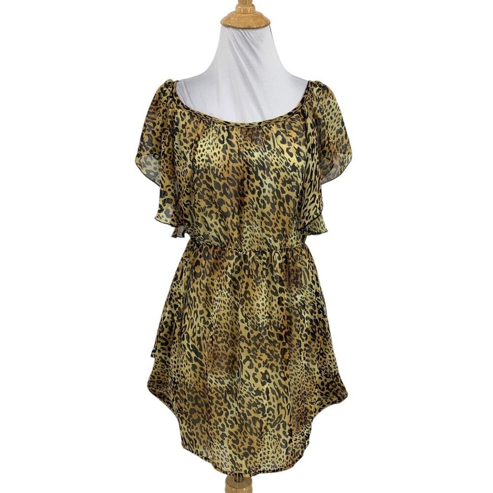 Velvet Torch Tunic Womens XS Extra Small Leopard Flutter Sleeve Sheer Overlay